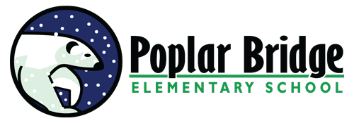 Logo of a polar bear in a blue circle with stars next to Poplar Bridge elementary school