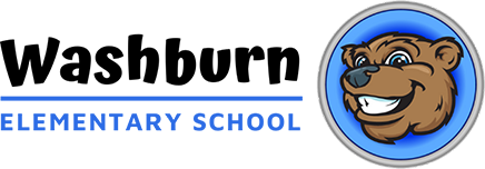 Washburn elementary school with a smiling bear's head in a blue circle to the right