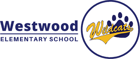 Westwood Elementary School logo with the "Wildcats" in gold over a dark paw print in a blue circle