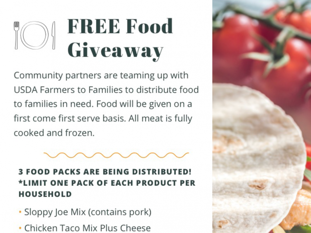 FREE Food Giveaway: Community partners are teaming up with USDA Farmers to Families to distribute food to families in need. Food will be given on a first come, first served basis. All meat is fully cooked and frozen. 3 Food packs will be distributed (limit one pack of each product per household): Sloppy Joe Mix (contains pork), Chicken taco mix with cheese, meatballs and links. Saturday, Sept. 19 from 10 a.m. - 2 p.m. at Hometown Church, 2300 E 88th St. Bloomington, MN 55425