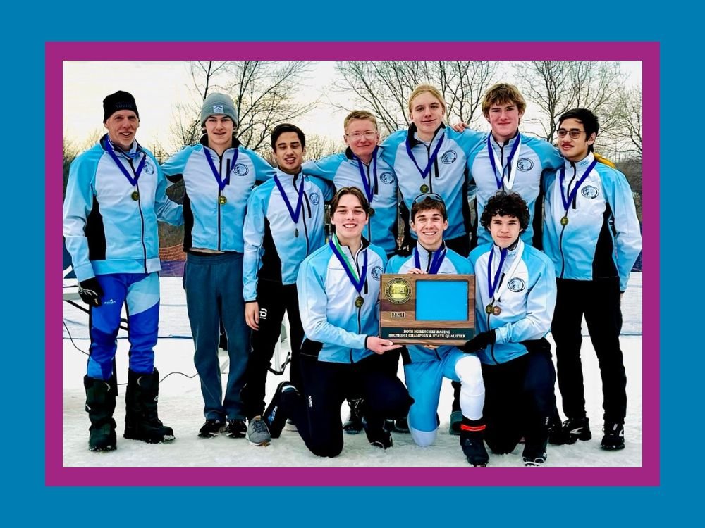 high school nordic skiiers with state meet plaque