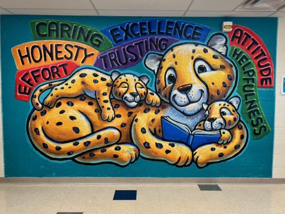 mural of a cheetah with school values written out.