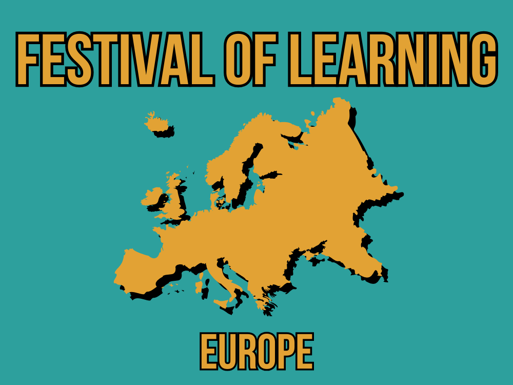 Teal background with yellow font saying Festival of Learning Europe