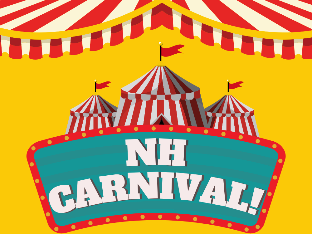 NH Carnival text with carnival pictures and yellow background
