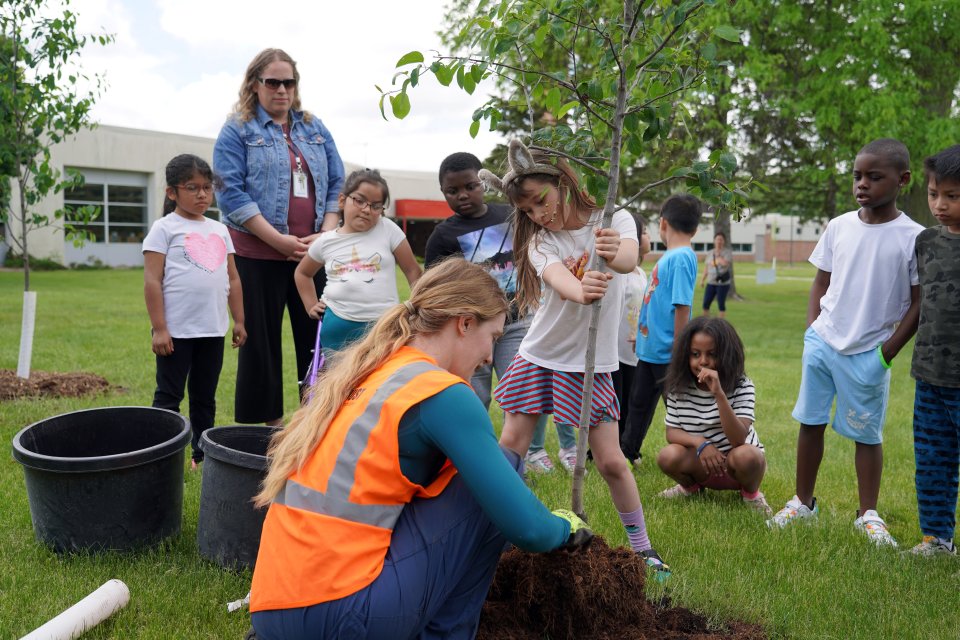 girl holds up tree before placing it in the ground