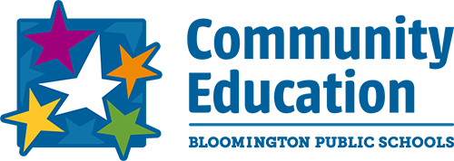 community education logo with a blue box with five stars colored white, purple, yellow, green and orange
