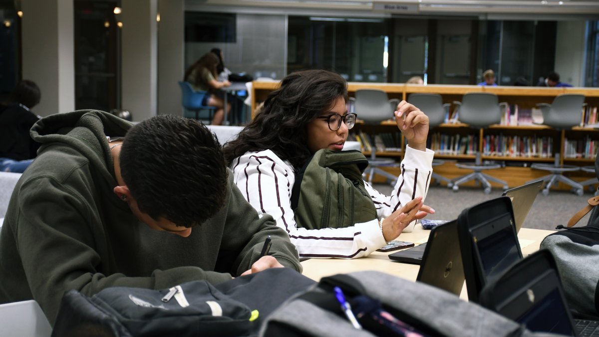 Students work on laptops in the media center