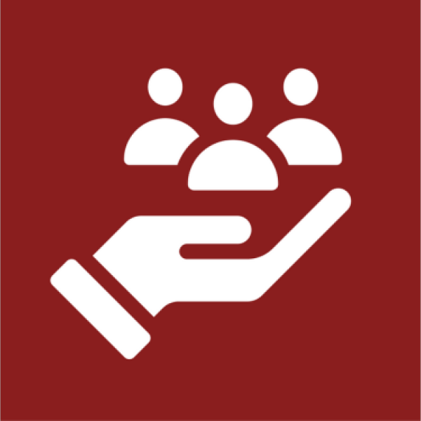 maroon square with hand and people icon