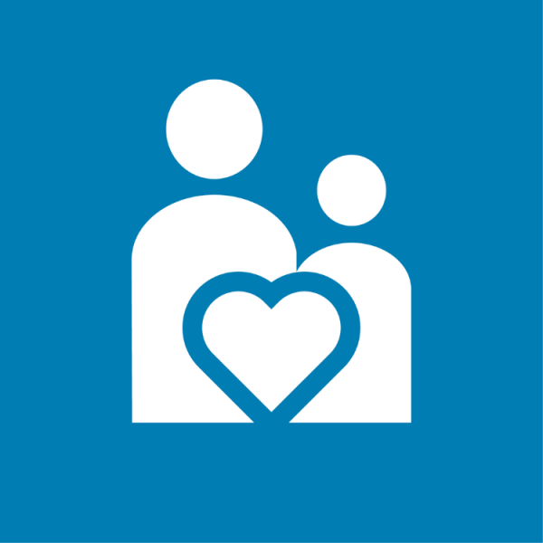 Blue square with people and heart icon