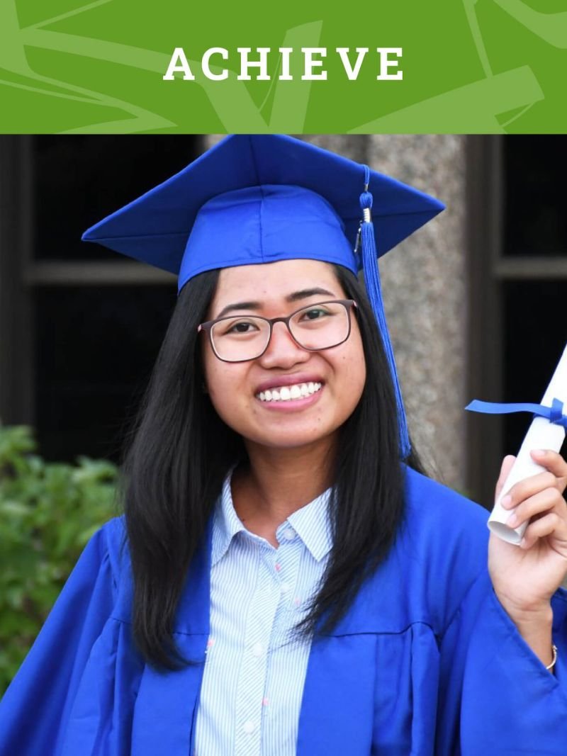 graduate in cap and gown with Achieve text