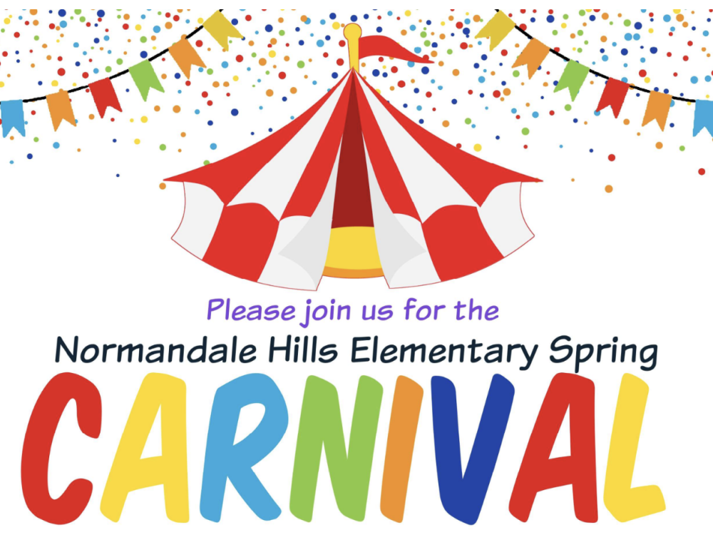 picture of a red and white carnival tent and colorful streamers and confetti