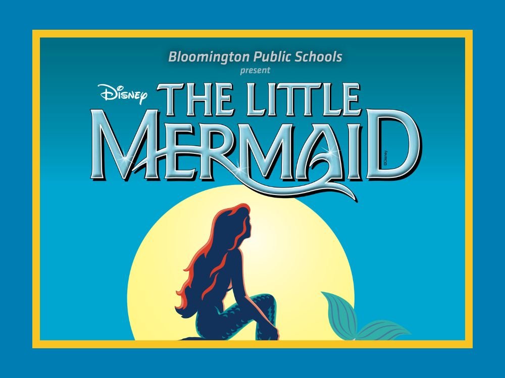 The Little Mermaid title and a mermaid against a yellow sun