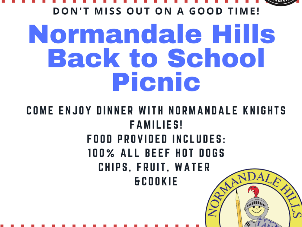 The picture reads Normandale Hills Back to School Picnic with food provided, including 100% all beef hot dogs, chips, fruit, water, cookies