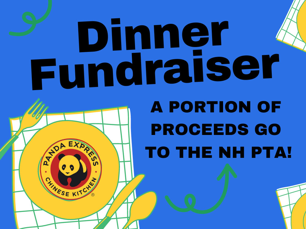Blue background with dinner setting and the words Dinner Fundraiser a portion of proceeds go to the NH PTA. Panda Express Logo on the plate.