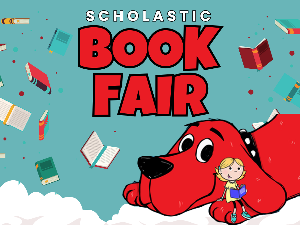 blue background with books and clouds and Clifford the Big Red Dog and Emily with the red text Book Fair