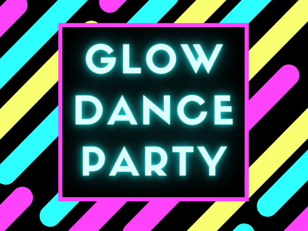 Glow dance party in neon font with neon background