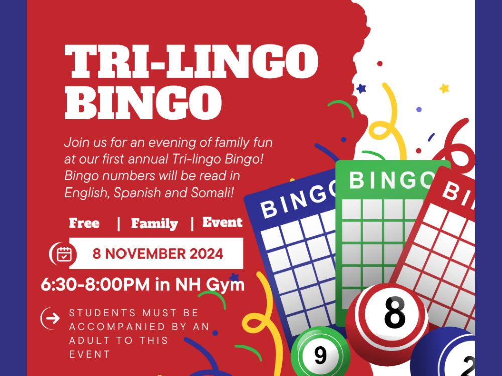 Red background with the words Tri-Lingo Bingo and bingo cards and balls
