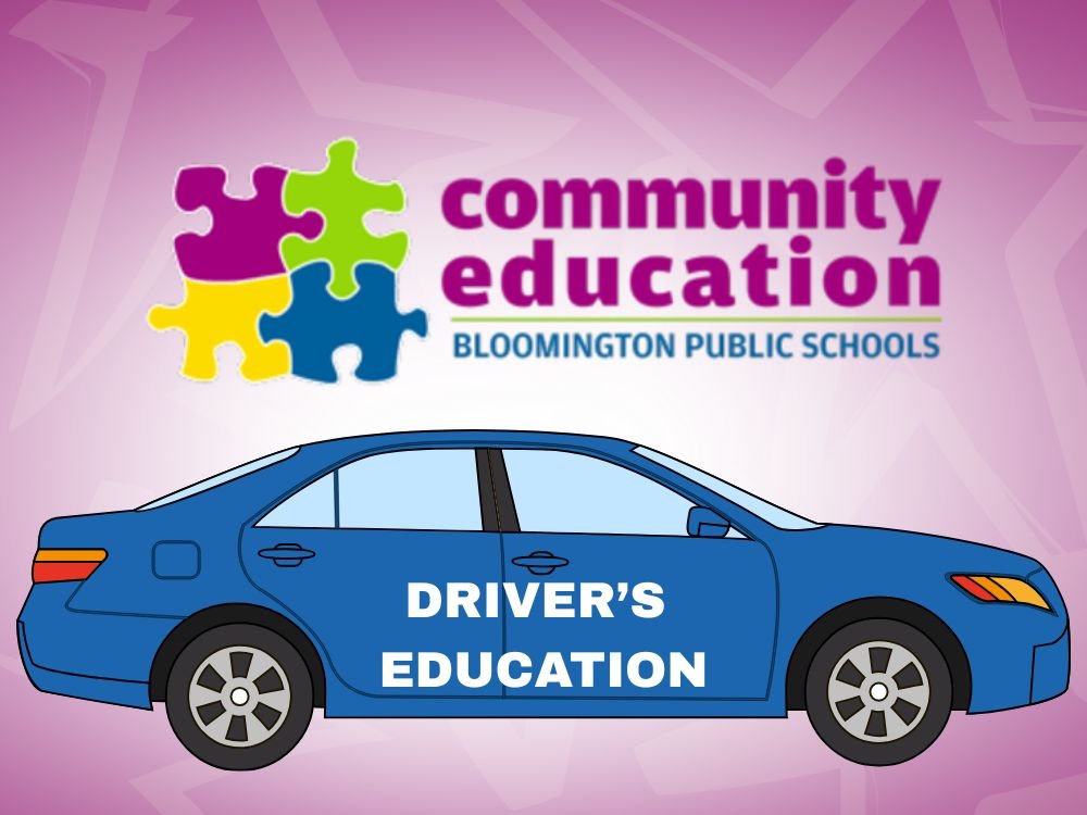 blue car and Community Education logo