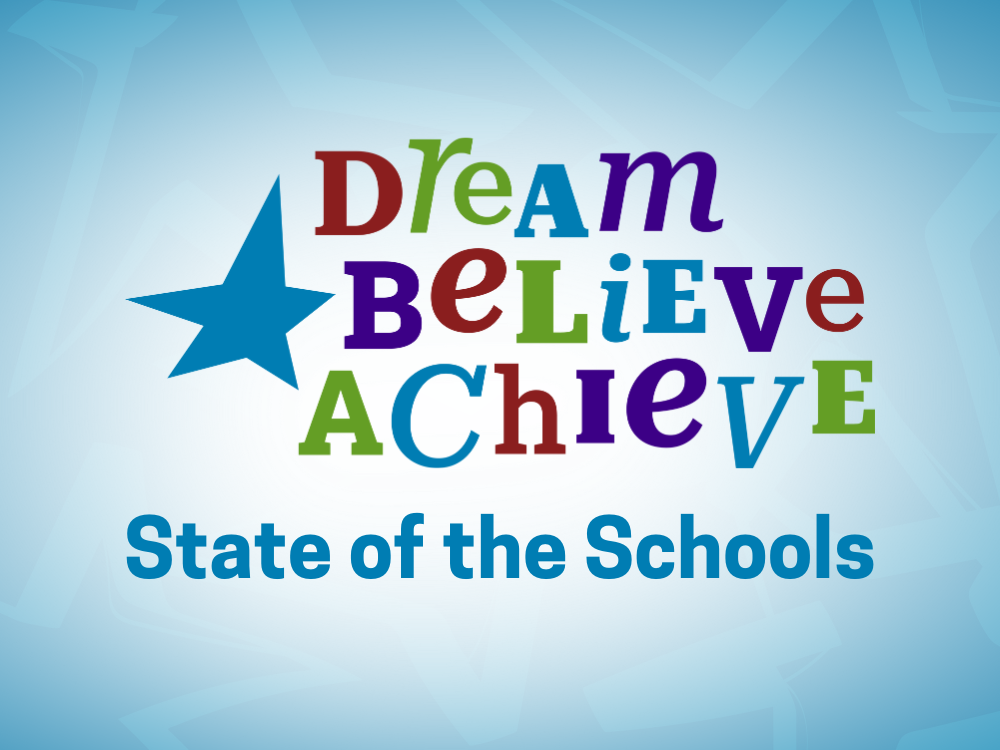 text that reads: Dream, Believe, Achieve. State of the Schools