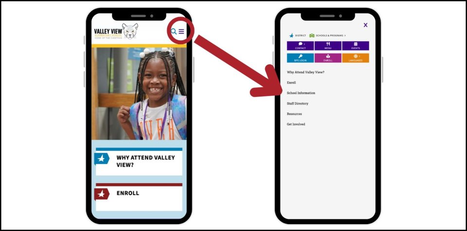 Example of website menu navigation on mobile device